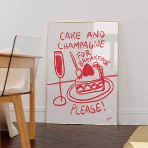 Kuchen und Champagner | Trendige Frühstücksdrucke, moderne Küchenkunst, Illustrationswandkunst, Wohnungsdekor, Kuchenzeichnung, ästhetische Drucke