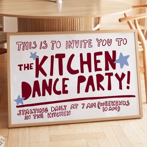 Kitchen Dance Party - Poziome wydruki kuchenne, plakaty z jedzeniem w stylu retro, nowoczesna sztuka kuchenna, wystrój akademika, typografia nadruku na wózku barowym