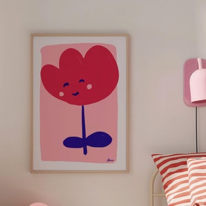 Happy Flower print, Light pink wall art, Girly bedroom art, Little girls room art, Pink nursery art, Dopamine decor, Cute art for girls