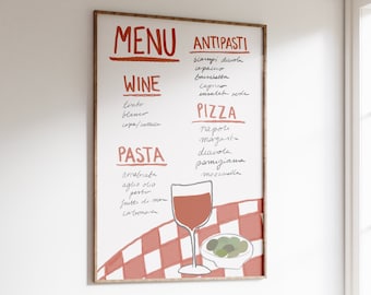 Menú italiano / Póster de menú, Póster de pasta, Póster de pizza, Impresión estética de cocina, Cocina divertida, Dibujado a mano, Impresión bohemia, Estilo Pinterest, Lindo