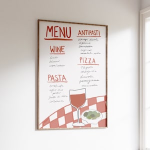 Italian Menu | Menu poster, Pasta poster, Pizza poster, Aesthetic kitchen print, Fun kitchen, Hand drawn, Boho print, Pinterest style, Cute