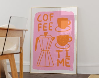 Koffieposter, roze en oranje prints, koffiebarprint, Deens pasteldecor, Scandi-stijl, koffiebarbord, espresso depresso, lichtroze