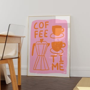 Póster de café, impresiones en rosa y naranja, impresión de cafetería, decoración danesa en tonos pastel, estilo escandinavo, letrero de cafetería, café expreso, rosa claro
