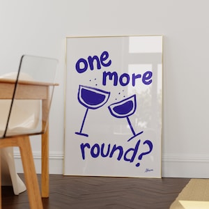 Nog een ronde print | Trendy barwagenprints leuke cocktailmuurkunst, champagne-illustratieprint, blauwe print kunst aan de muur uit het midden van de eeuw