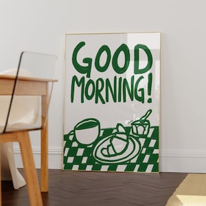 Bom dia! | Impressões de cozinha da moda, Arte de parede de café da manhã, Impressão de ilustração de café, Impressão de menu, Arte de parede de desenho simples Apartamento moderno