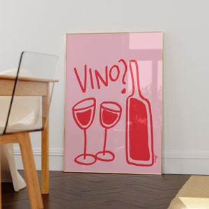 Affiche de vin, art de cuisine rose et rouge, décoration de chariot de bar, art de chariot de bar, décoration d'appartement universitaire, appartement de filles, art mural rose clair, esthétique