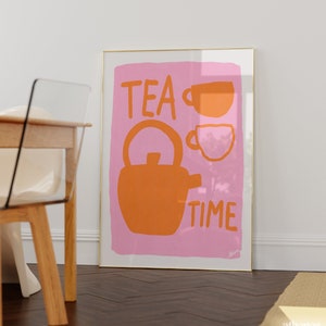 Tea Time | Pink and orange kitchen prints, gift for tea lover, tea kettle art print, cute kitchen prints, put the kettle on print, pastel