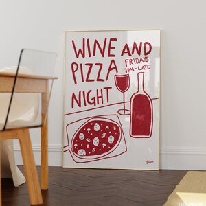 Wein und Pizza Nacht | Trendy Menü Print, Food Illustration Kunst, Fun Küche rot und weiß, Pizza Liebhaber Geschenk, Mid century Modern Art