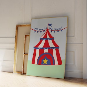 Impressão de circo, arte de parede de berçário, impressões de quarto de crianças, arte colorida de berçário, arte de quarto de bebê, presente para futura mamãe, impressão de berçário de circo, arte de sala de jogos