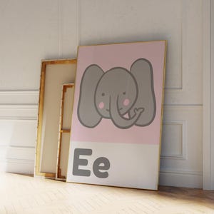 Póster del alfabeto con la letra E, arte de pared para guardería, impresiones para habitación de niños, arte rosa claro para guardería, arte para habitación de bebé, regalo para futura mamá, arte de safari para guardería