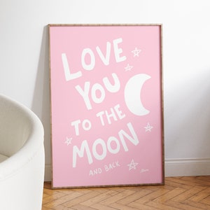 Impresión "Te amo hasta la luna", Impresión sobre la cama, Arte de pared danés en tonos pastel, Impresión de póster rosa claro, Arte de pared lunar, Impresión de guardería para niña, Decoración femenina