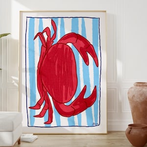 Rote Krabbe Poster - Küsten Dekor, rot blau und weiss Wand Kunst Ästhetik, Strand Muscheln Hand gezeichnet Ozean Drucke, Westküste Ostküste altes Geld