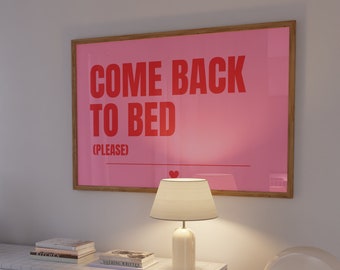 Come Back to Bed horizontal, Couples wall art, Above bed print, Red and pink, Pastel bedroom print, Cute bedroom art, Romantic bedroom art