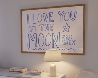 Love You To The Moon print, Above bed horizontal print, Danish pastel decor, Aesthetic apartment, Dopamine decor, Best selling,Nursery decor
