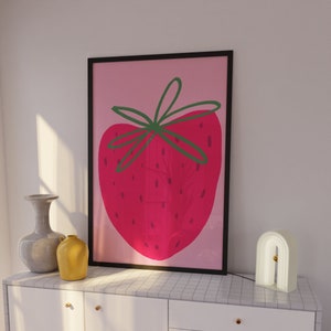 Strawberry Poster, Danish pastel, Fruit poster, Pastel kitchen art, Light pink wall art, Pink and red wall art, Dopamine decor, Coquette