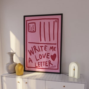 Impressão de carta de amor, decoração Lovecore, decoração pastel dinamarquesa, decoração Dopamina, arte de parede rosa e vermelha, decoração estética de apartamento, arte de parede de quarto