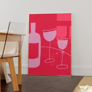 Wine Poster, bar cart print, bar accessories, apartment decor aesthetic, mid century prints, pink and red, bar cart art simple, colorful bar