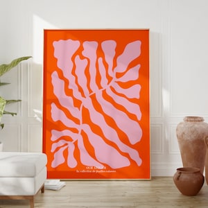 Pink & Orange Abstract Plant Poster, Danish pastel wall art, Pink and orange home decor, Abstract leaves print, Mid century wall art