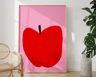 Póster de manzana / Impresión de fruta linda, Arte de cocina rosa y rojo, Pastel danés, Estilo escandinavo, Boho colorido, Arte moderno para el hogar, Arte chic colorido