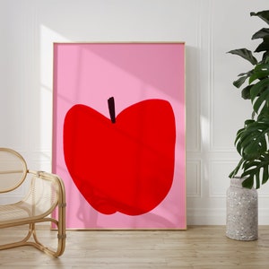 affiche de pomme | Joli fruit, art de cuisine rose et rouge, pastel danois, style scandinave, boho coloré, art moderne pour la maison, art chic coloré