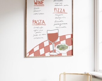 Italian Menu | Menu poster, Pasta poster, Pizza poster, Aesthetic kitchen print, Fun kitchen, Hand drawn, Boho print, Pinterest style, Cute