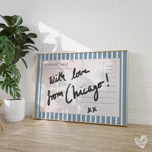 Chicago wall art, horizontal above bed art, narrow wall art, vintage Chicago art, blue and white stripes, postcard prints, college dorm room image 5