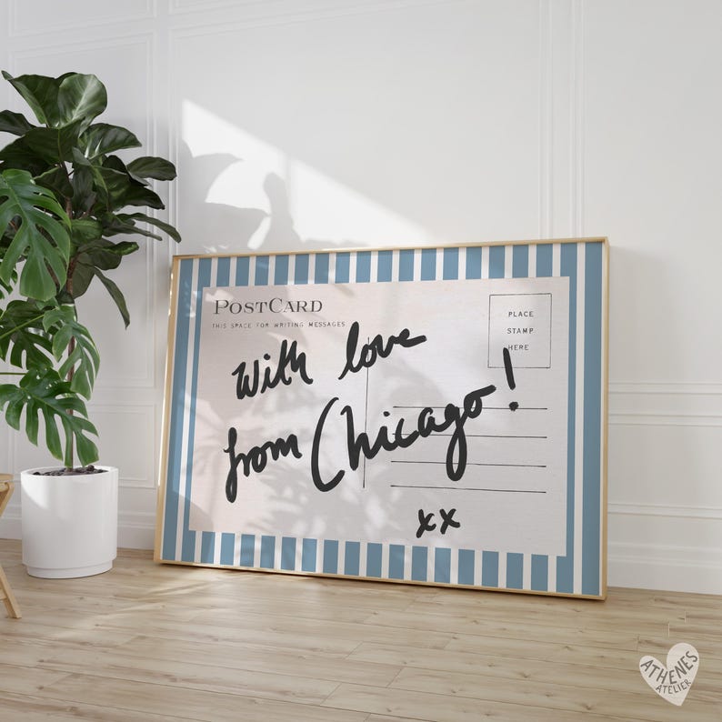 Chicago wall art, horizontal above bed art, narrow wall art, vintage Chicago art, blue and white stripes, postcard prints, college dorm room image 5