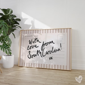 Südcarolina Wandbild, horizontal über dem Bett, schmale Wandkunst, beige-weiße Streifen, trendige Wandkunst, Retro Postkarte