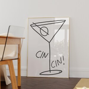Bar cart print, Martini wall art, bar cart accessories, apartment decor aesthetic, cocktail poster, bar cart art, line art prints martini image 3