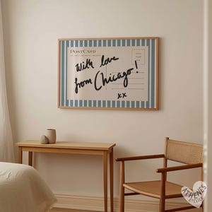 Chicago wall art, horizontal above bed art, narrow wall art, vintage Chicago art, blue and white stripes, postcard prints, college dorm room image 2