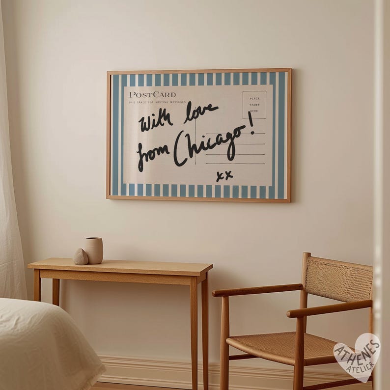 Chicago wall art, horizontal above bed art, narrow wall art, vintage Chicago art, blue and white stripes, postcard prints, college dorm room image 2