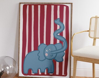 Elephant poster, Modern kids room art, Playroom decor circus themed, red stripes poster, circus nursery, trendy playroom art for kids