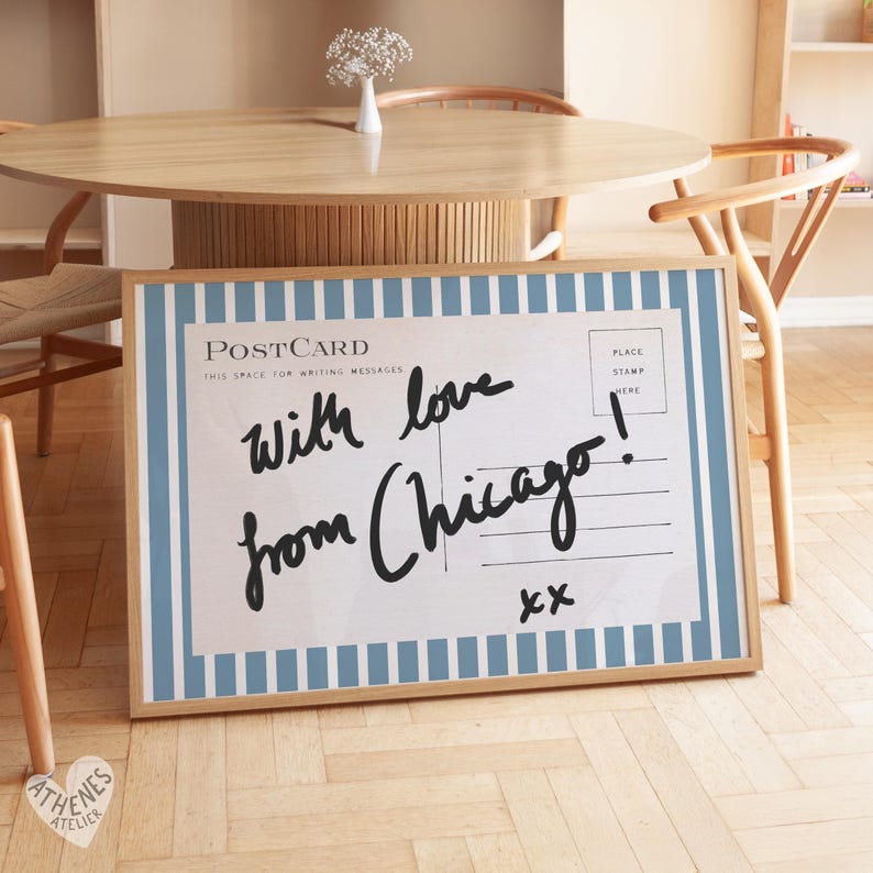 Chicago wall art, horizontal above bed art, narrow wall art, vintage Chicago art, blue and white stripes, postcard prints, college dorm room image 7