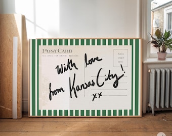 Kansas City wall art, horizontal above bed art, narrow wall art, vintage Missouri print, green and white stripes, postcard prints, with love