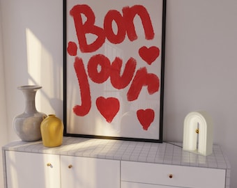 Bonjour poster, Red and white wall art, Aesthetic home decor, Parisian style art, Apartment decor, French wall art, Paris poster, Lovecore