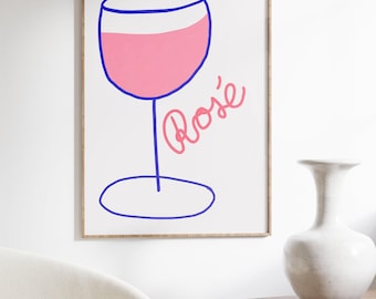 Rosé Poster, Wine poster, Pink bar cart decor, Light pink wall art, Danish pastel prints, Dopamine decor, College apartment,Kitchen wall art