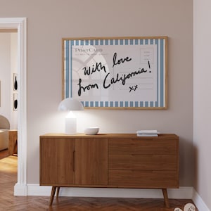 California wall art, horizontal above bed art, narrow wall art, vintage California print, blue and white stripes, postcard prints, with love