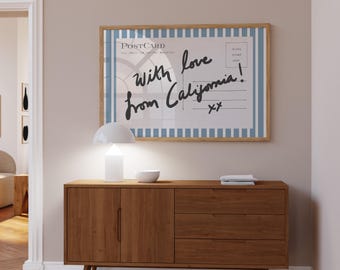 California wall art, horizontal above bed art, narrow wall art, vintage California print, blue and white stripes, postcard prints, with love