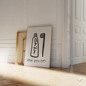 Brush Your Teeth print, modern bathroom art black and white, mid century, hand drawn art prints, apartment decor cool girl aesthetic trendy