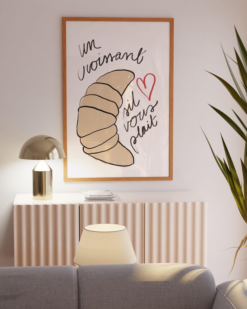 Croissant art print, French quote poster, Cute kitchen prints, Breakfast wall art, Mid century decor, Parisian wall art, Breakfast prints, image 5