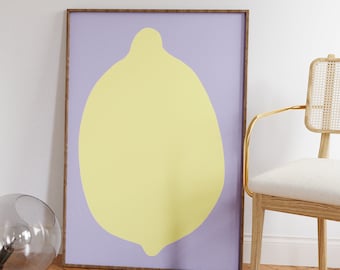 Póster de limón, decoración danesa en tonos pastel, estilo escandinavo, láminas de cocina en tonos pastel, decoración dopaminérgica, arte mural rosa claro, violeta claro, arte de mediados de siglo.