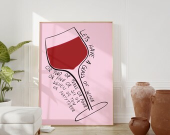 Glass of Wine | Funny wine poster, Hand drawn, Red wine print, Scandi style, Aesthetic, Danish pastel, Modern boho art, Modern eclectic