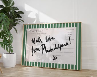 Philadelphia wall art, horizontal above bed art, narrow wall art, green and white stripes, trending wall art, postcard print, retro Philly