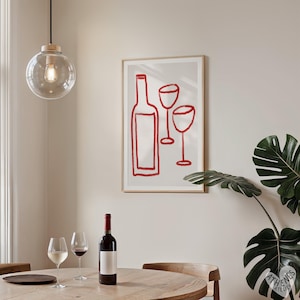 Rotweinplakat, Hand gezeichnete Kunst, ästhetisches Dekor der Mitte des Jahrhunderts, Barwagendrucke, abstraktes Weinplakat, Cocktailplakat, Küchenwandkunst