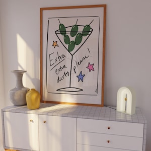 Extra extra dirty Martini print, hand drawn posters, martini poster, cocktail prints, champagne poster, danish pastel dopamine decor, indie image 2