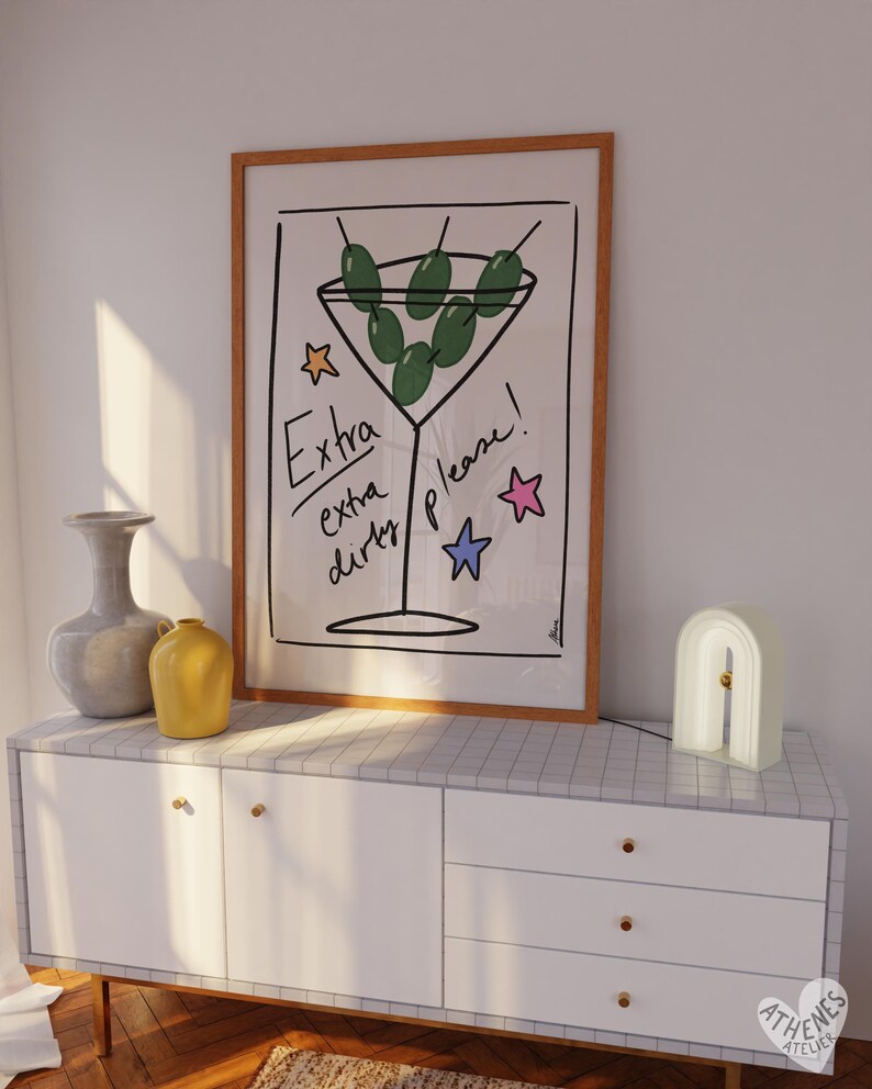 Extra extra dirty Martini print, hand drawn posters, martini poster, cocktail prints, champagne poster, danish pastel dopamine decor, indie image 2