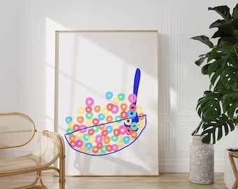 Póster de cereales, decoración danesa en tonos pastel, estilo escandinavo, decoración con toques de dopamina, arte de cocina en tonos pastel, láminas coloridas para la cocina, arte mural moderno, barra de desayuno.