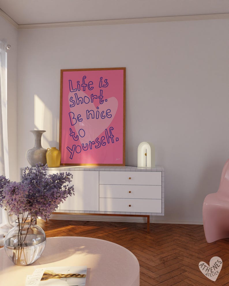 Self love art print, apartment decor aesthetic, light pink wall art, cute dorm prints, Funky art print, dopamine decor, indie room decor image 4