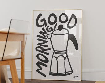 Good Morning! | Coffee poster, Coffee bar decor, apartment decor aesthetic, Modern kitchen prints, Aesthetic wall art, Mid century prints