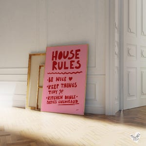 House Rules, Aesthetic apartment decor red and pink, Dopamine decor, Danish pastel, Red and pink decor, Dorm room art, College apartment art
